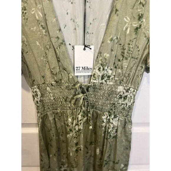 27 Miles Malibu Green Floral Boho Dress Small Short Sleeve Tie Front Cottagecore - Picture 4 of 9